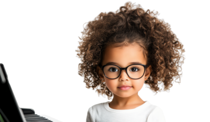 Curly-haired girl with glasses on transparent background