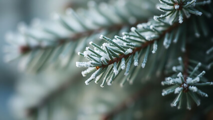 Frosted pine needles close-up with cool tones