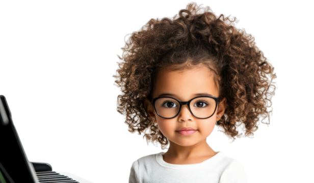 Curly-haired girl with glasses on transparent background