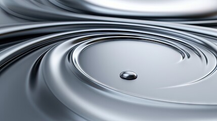 A close-up, abstract view of a swirling metallic surface with a single, reflective droplet at its center.