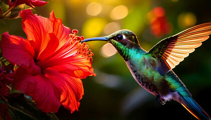 Obraz premium Macro photo iridescent emerald hummingbird hovering next to colorful flower. Generative AI.