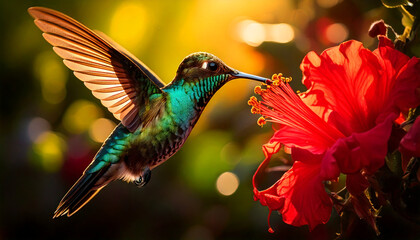 Obraz premium Macro photo iridescent emerald hummingbird hovering next to colorful flower. Generative AI.