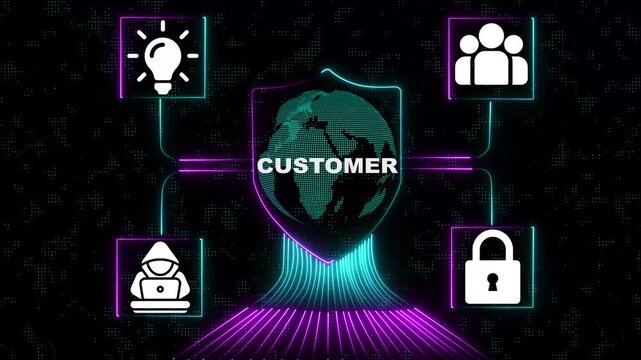 Glowing neon Customer and Business Cost Management Technology Concept Digital Shield Innovation with Customer Service and Security Marketing, Sales, and Customer Relationship .4k video   render.