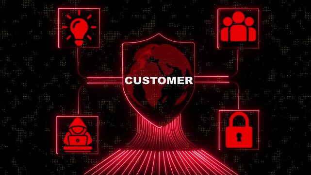 Glowing neon Customer and Business Cost Management Technology Concept Digital Shield Innovation with Customer Service and Security Marketing, Sales, and Customer Relationship .4k video   render.