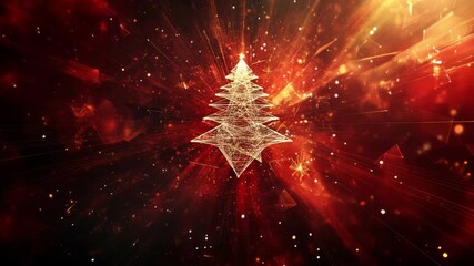 Digital christmas tree shining on abstract festive red and gold background with stars and snowflakes - Powered by Adobe