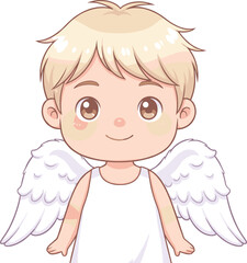 Adorable cartoon angel boy with blonde hair and white feathered wings standing sweetly in a cute heavenly illustration
