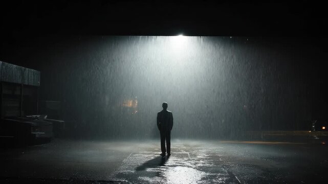 Man standing under artificial rain in a dark indoor studio during an evening scene, showcasing dramatic lighting and a unique atmosphere
