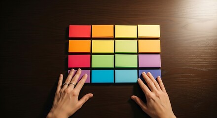 Woman hands hold a geometric colorful block puzzle concept of business and design technology