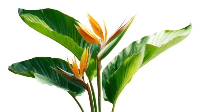 Bird of paradise. Green leaves and orange flowers pop against transperent background for posters, mockups, branding.