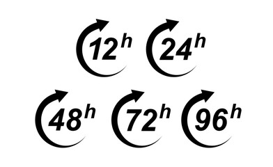 24 Hour icon 12, 48 and 72 hours clock arrow. Fast service Work time effect or delivery service time icons 24 hours sign. Vector