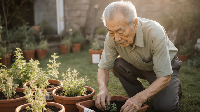 Dedicated senior asian man finds peaceful contentment gardening outdoors his backyard. He gently tends to small green plants terracotta pots warm sunlight, embracing healthy and tranquil lifestyle - Powered by Adobe