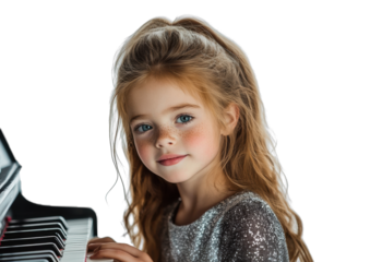 Girl Playing Piano with Focused Expression on Transparent Background
