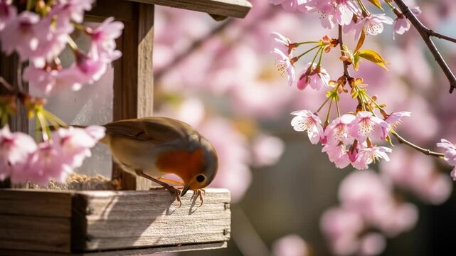 A small bird with an orange breast perched on a wooden ledge amidst blooming pink cherry blossoms on a sunny day