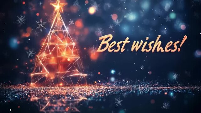 Futuristic wireframe christmas tree with shimmering glitter and snowflakes sending best wishes