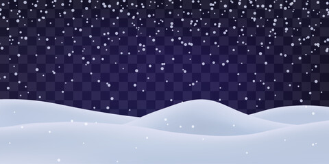 Night snow falling on snowdrifts, snowflakes and blizzard. Snow landscape decoration, frozen hills isolated on png. Vector heavy snowfall with snowbanks field. Christmas vector illustration.