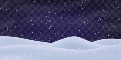Night snow falling on snowdrifts, snowflakes and blizzard. Snow landscape decoration, frozen hills isolated on png. Vector heavy snowfall with snowbanks field. Christmas vector illustration.