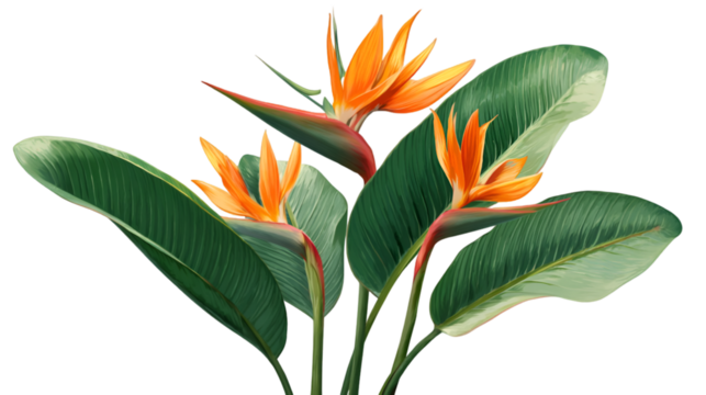 Bird of Paradise stands out with orange petals and green leaves. Use for branding, product design, and posters with a transparent background. - Powered by Adobe