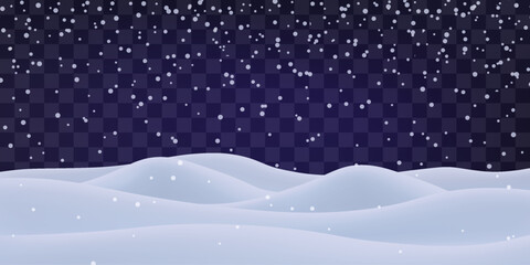 Night snow falling on snowdrifts, snowflakes and blizzard. Snow landscape decoration, frozen hills isolated on png. Vector heavy snowfall with snowbanks field. Christmas vector illustration.