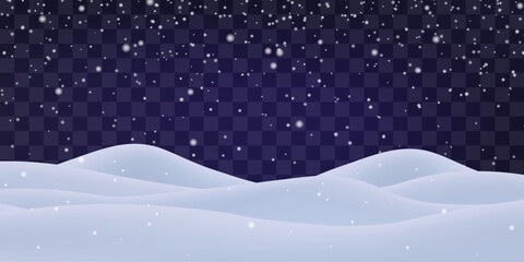 Night snow falling on snowdrifts, snowflakes and blizzard. Snow landscape decoration, frozen hills isolated on png. Vector heavy snowfall with snowbanks field. Christmas vector illustration.