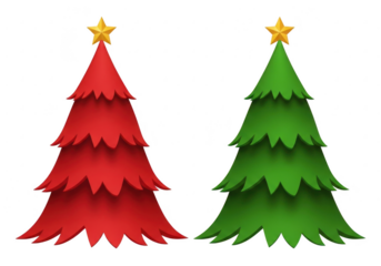 Two stylized christmas trees, one red and one green, each topped with a golden star, isolated on transparent background