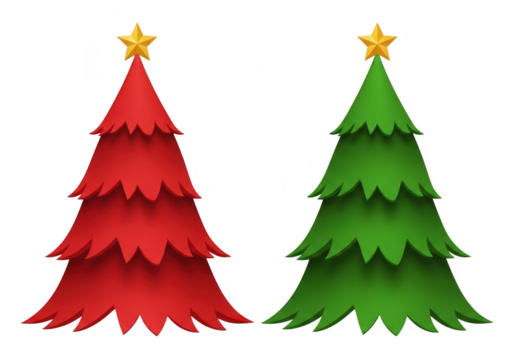 Two stylized christmas trees, one red and one green, each topped with a golden star, isolated on transparent background