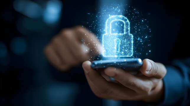 Businessperson securing smartphone data with a digital lock and virtual cybersecurity interface. Concept : cybersecurity, data privacy, secure smartphone usage, digital lock protection, network securi