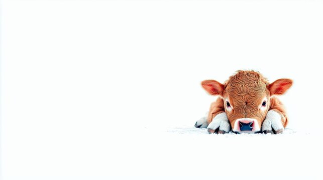 A cute, fluffy brown calf with large eyes and pink nostrils lies down on a white, snowy surface, resting its head on its front hooves.