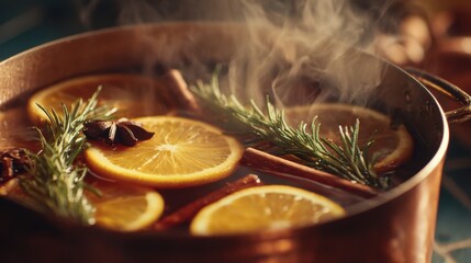 Aromatic mulled cider with orange, cinnamon, and herbs in copper pot