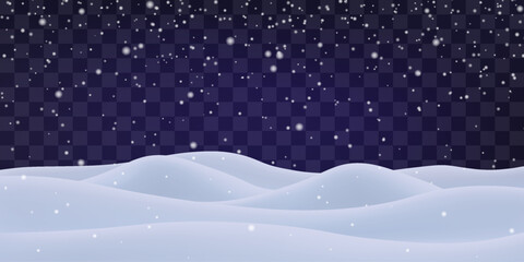 Night snow falling on snowdrifts, snowflakes and blizzard. Snow landscape decoration, frozen hills isolated on png. Vector heavy snowfall with snowbanks field. Christmas vector illustration.