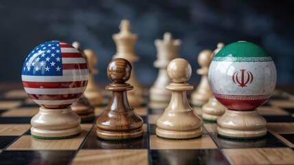 International political tension visualized through national flags on game pieces upon a checkered board