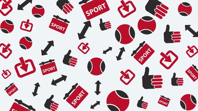Sports icons and symbols pattern, digital illustration, graphic design of tennis and thumbs up, seamless vector background for hobby and activity concept