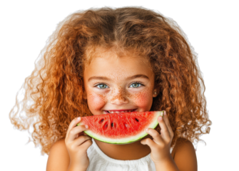 Girl Smiling with Watermelon Slice on Transparent Background