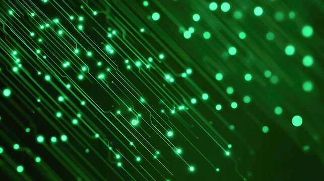 green background illustrating data transmission, digital processing. It features glowing electronic circuit lines, light streaks, bokeh points moving diagonally, symbolizing technology, AI, computing.