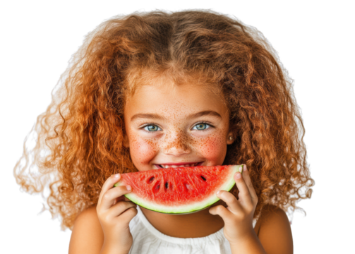 Girl Smiling with Watermelon Slice on Transparent Background