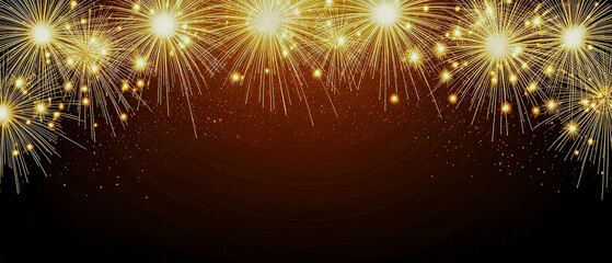 Bright fireworks exploding above a dark gradient background.