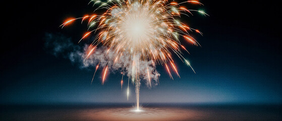 Bright fireworks exploding above a dark gradient background.