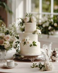 Three-tier wedding cake decorated with flowers and greenery on table on ornate vintage silver tray