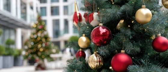 Fototapeta premium The scene features a beautifully decorated holiday tree adorned with golden ornaments and twinkling lights, setting a cozy ambiance