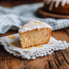 Slice of cake with icing on decorative napkin on wooden table  