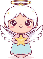 Cute cartoon angel with white hair, golden halo, blue gown, and star on plain white background illustration