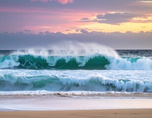 Fototapeta premium A serene beach scene featuring crashing waves under a colorful sunset, showcasing the beauty of nature and tranquility.