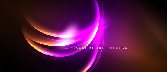Abstract luminous curves, vibrant purple, orange hues. Dynamic flow, modern design, dark background creates striking visual impact.