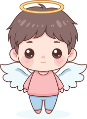 Obraz premium Cute kawaii angel boy character with glowing halo and soft wings in pastel cartoon style for vector illustration