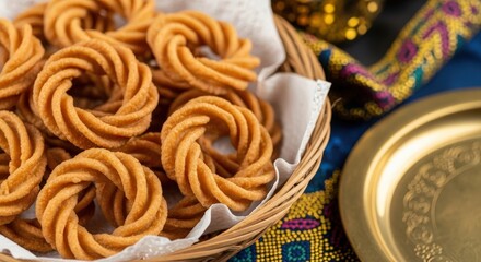 Crispy Bruneian Kuih Cincin &ndash; Golden Ring-Shaped Fried Cookies in Woven Basket with Royal Textile Fragment & Brass Tray, Festive Celebration Light