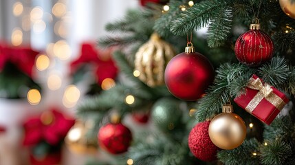 Colorful ornaments and wrapped gifts adorn a beautifully decorated Christmas tree, creating a warm holiday atmosphere