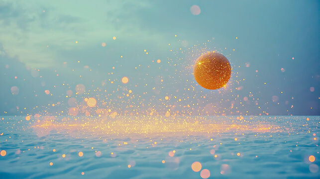 Minimalist snowy landscape dissolving into soft glowing particles, a floating golden sphere - Powered by Adobe