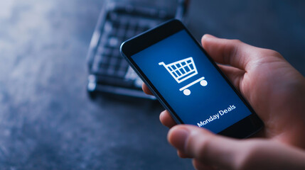 A person holds a smartphone showing online shopping deals while a shopping cart is visible in the background