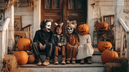 Family enjoys Halloween in costumes on porch surrounded by pumpkins during fall evening with scarecrow decorations - Powered by Adobe
