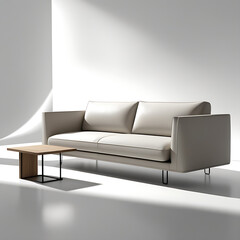 Modern comfortable interior design of a living room with a leather sofa, armchair, and contemporary decor on the wooden floor