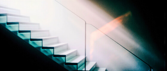 A surreal glass staircase ascends gracefully into soft, radiant light, creating a dreamy, minimalist scene of ethereal elegance and calm atmosphere.